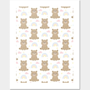 Adorable Brown Teddy Bears And Rainbows Pattern Posters and Art